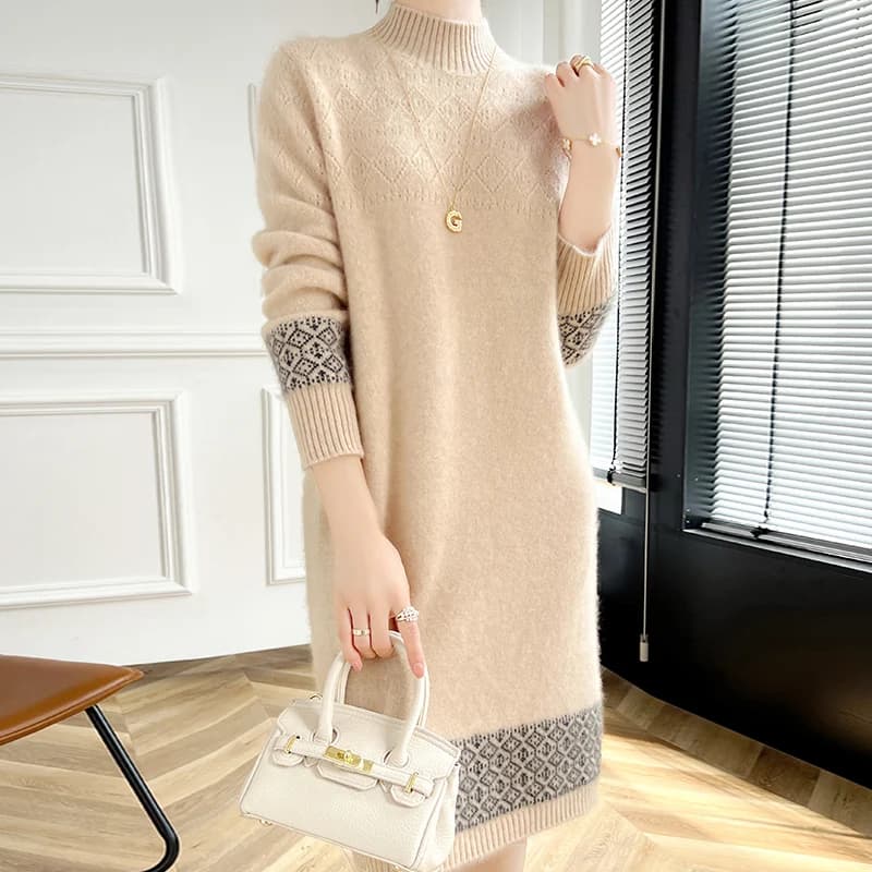 100% Merino Wool Fashion Color-Blocked Knit Half-Turtleneck Sweater Cashmere Long Sleeves Leisure Soft Warm Women's Clothing Top