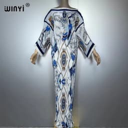 WINYI Summer Pleated Elastic Loose Dress Holiday Boho Beach Cover up Maxi Kaftan Abaya Muslim Woman Dubai Luxury Party Dresses