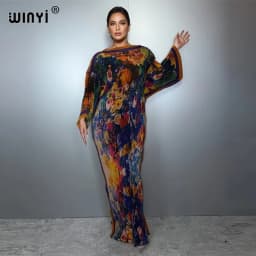 WINYI Summer Pleated Elastic Loose Dress Holiday Boho Beach Cover up Maxi Kaftan Abaya Muslim Woman Dubai Luxury Party Dresses