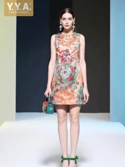 Female Summer New Style Colorful Diamonds Shiny Dresses Retro Floral Print Sundress Sleeveless O-Neck Fashion Above Knee Dress