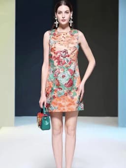Female Summer New Style Colorful Diamonds Shiny Dresses Retro Floral Print Sundress Sleeveless O-Neck Fashion Above Knee Dress