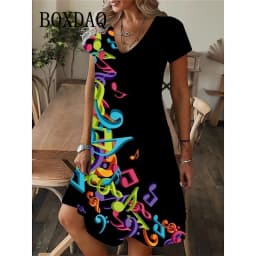 Fashion Musical Note Patterns Women Dress 2025 New Summer Loose Mini Dress Guitar Instruments 3D Print Short Sleeve V-neck Dress