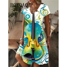 Fashion Musical Note Patterns Women Dress 2025 New Summer Loose Mini Dress Guitar Instruments 3D Print Short Sleeve V-neck Dress