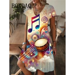 Fashion Musical Note Patterns Women Dress 2025 New Summer Loose Mini Dress Guitar Instruments 3D Print Short Sleeve V-neck Dress