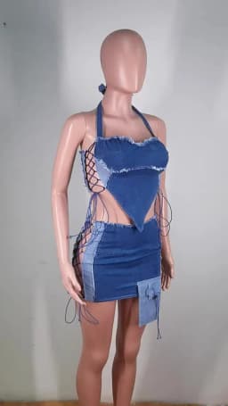 Skirt and Top Set Woman Summer 2 Piece Outfit Hollow Out Strapless Strap with Short Mini Skirt Night Club Wear Blue Denim Set