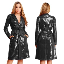 Women PU Leather Long Trench Coat Blazer Glossy Lapel Open Front Long Sleeve Jacket Overcoat with Belt Party Clubwear Streetwear