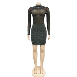 STYLISH LADY Diamonds Mesh Dress 2025 Autumn Women Long Sleeve Stand Neck Bodycon See Through Sexy Club Party Mini Vestidos
