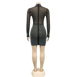 STYLISH LADY Diamonds Mesh Dress 2025 Autumn Women Long Sleeve Stand Neck Bodycon See Through Sexy Club Party Mini Vestidos