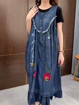 TIYIHAILEY-Loose A-Line Denim Dresses for Women, Long, Mid-Calf Jeans, Embroidery, Sleeveless Tassels, New Fashion, 2026