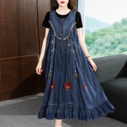 TIYIHAILEY-Loose A-Line Denim Dresses for Women, Long, Mid-Calf Jeans, Embroidery, Sleeveless Tassels, New Fashion, 2026
