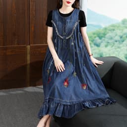 TIYIHAILEY-Loose A-Line Denim Dresses for Women, Long, Mid-Calf Jeans, Embroidery, Sleeveless Tassels, New Fashion, 2026
