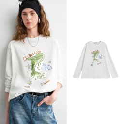 TOYOUTH Women Cotton T - Shirts 2026 Spring New Fun Youthful Loose Crew Neck Long - Sleeve Dolphin Printed Tops