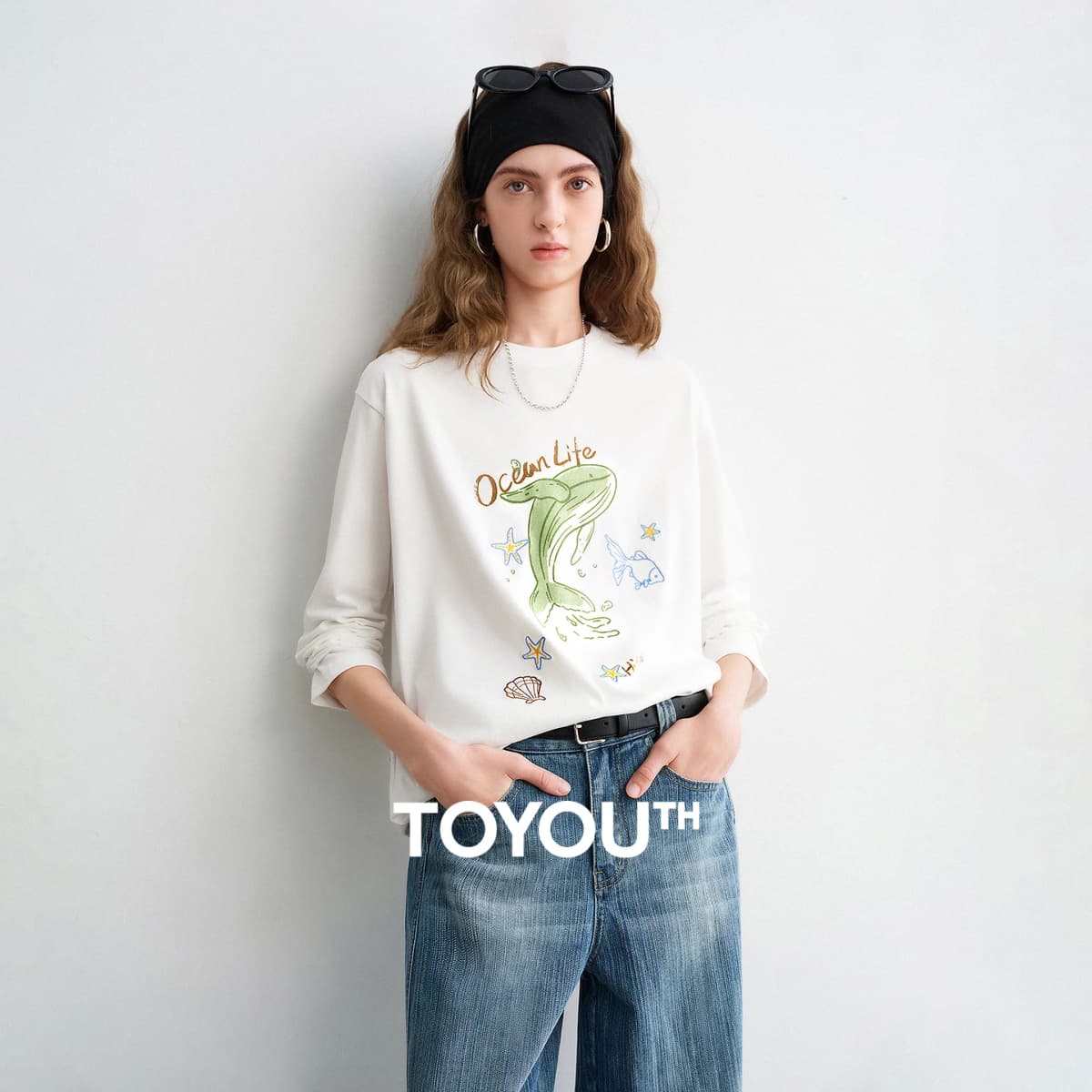 TOYOUTH Women Cotton T - Shirts 2026 Spring New Fun Youthful Loose Crew Neck Long - Sleeve Dolphin Printed Tops