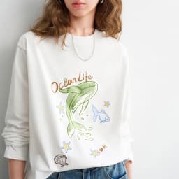TOYOUTH Women Cotton T - Shirts 2026 Spring New Fun Youthful Loose Crew Neck Long - Sleeve Dolphin Printed Tops