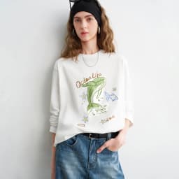 TOYOUTH Women Cotton T - Shirts 2026 Spring New Fun Youthful Loose Crew Neck Long - Sleeve Dolphin Printed Tops