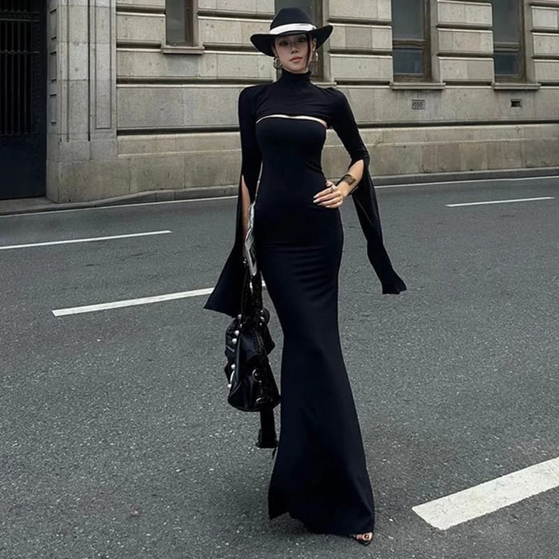 MEXZT Elegant Black Long Dress Women Party Prom Sexy Hollow Out Slit Maxi Dresses Turtleneck Robe Long Sleeve Bodycon Vestidos