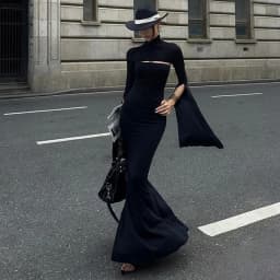 MEXZT Elegant Black Long Dress Women Party Prom Sexy Hollow Out Slit Maxi Dresses Turtleneck Robe Long Sleeve Bodycon Vestidos