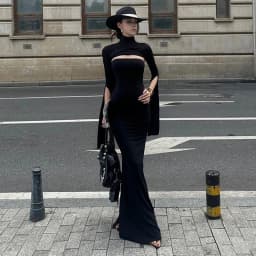MEXZT Elegant Black Long Dress Women Party Prom Sexy Hollow Out Slit Maxi Dresses Turtleneck Robe Long Sleeve Bodycon Vestidos