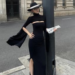 MEXZT Elegant Black Long Dress Women Party Prom Sexy Hollow Out Slit Maxi Dresses Turtleneck Robe Long Sleeve Bodycon Vestidos