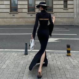 MEXZT Elegant Black Long Dress Women Party Prom Sexy Hollow Out Slit Maxi Dresses Turtleneck Robe Long Sleeve Bodycon Vestidos