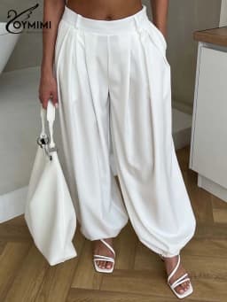 Oymimi Women's White Premium Flowy High-Waist Wide-Leg Lantern Pants 2026 Spring Pleated Elastic Cuff Effortless Casual Outfit