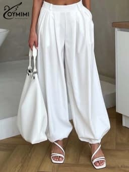 Oymimi Women's White Premium Flowy High-Waist Wide-Leg Lantern Pants 2026 Spring Pleated Elastic Cuff Effortless Casual Outfit
