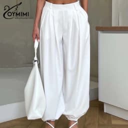 Oymimi Women's White Premium Flowy High-Waist Wide-Leg Lantern Pants 2026 Spring Pleated Elastic Cuff Effortless Casual Outfit