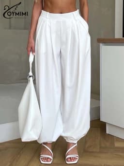 Oymimi Women's White Premium Flowy High-Waist Wide-Leg Lantern Pants 2026 Spring Pleated Elastic Cuff Effortless Casual Outfit