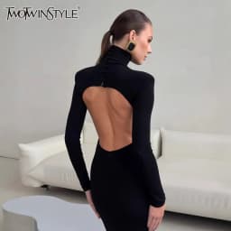 TWOTWINSTYLE Black Turtleneck Backless Maxi Dresses Female Long Sleeve Slimming Minimalist High End Style for Luxury Cocktails