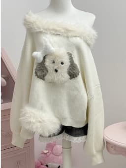 Qiukichonson Thick Fluffy Knit Sweater Top Womens Lantern Sleeve Autumn Winter Slash Neck Japanese Style Cartoon Pullover femme