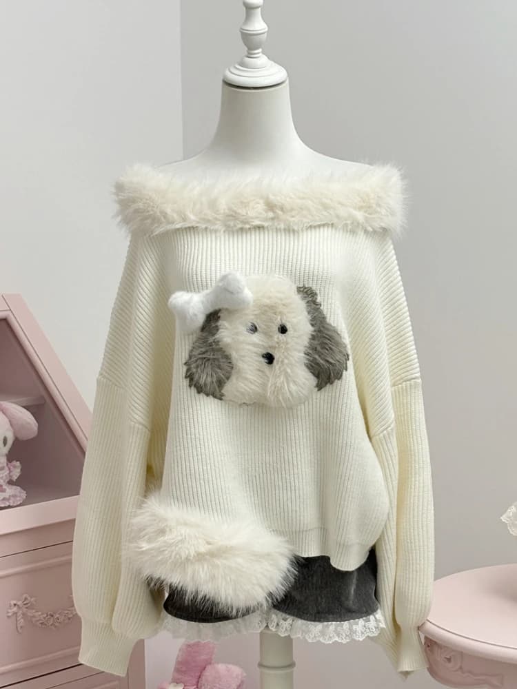 Qiukichonson Thick Fluffy Knit Sweater Top Womens Lantern Sleeve Autumn Winter Slash Neck Japanese Style Cartoon Pullover femme