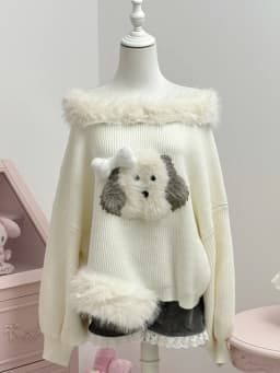 Qiukichonson Thick Fluffy Knit Sweater Top Womens Lantern Sleeve Autumn Winter Slash Neck Japanese Style Cartoon Pullover femme