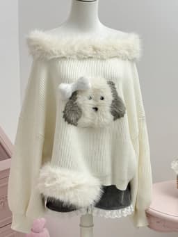 Qiukichonson Thick Fluffy Knit Sweater Top Womens Lantern Sleeve Autumn Winter Slash Neck Japanese Style Cartoon Pullover femme