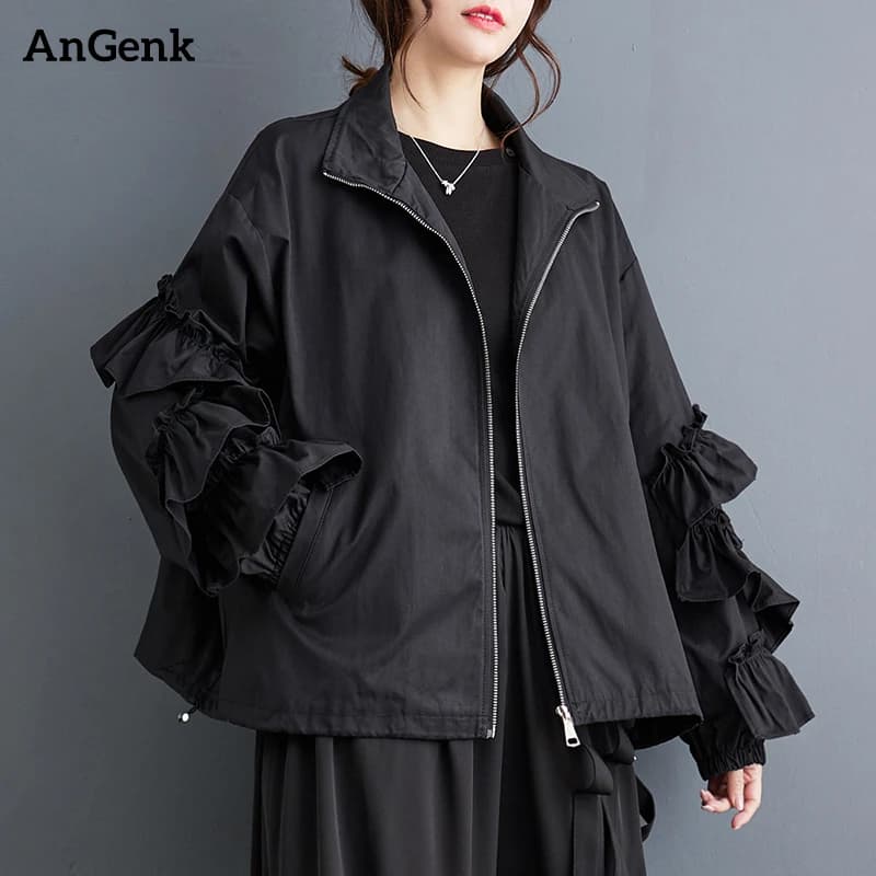 Black Solid Color Ruched Oversize Jacket Women's Casual Loose All Match Fashion Stand Collar Vintage Coat Spring Autumn 2026