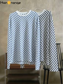 HanOrange 2026 Spring Summer Slouchy Simple Retro Diagonal Stripe T-shirt Women O-Neck Loose Casual Top Tees Female