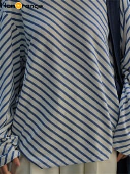 HanOrange 2026 Spring Summer Slouchy Simple Retro Diagonal Stripe T-shirt Women O-Neck Loose Casual Top Tees Female