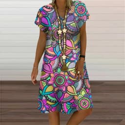 Rainbow Abstract Painting Women Dress Elegant Fashion 3D Print Short Sleeve Party Dresses Summer Casual Loose Oversized Clothing