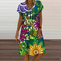 Rainbow Abstract Painting Women Dress Elegant Fashion 3D Print Short Sleeve Party Dresses Summer Casual Loose Oversized Clothing