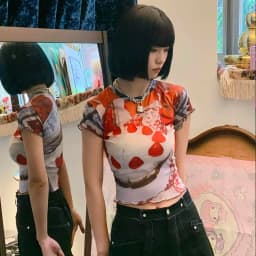 Karrram Y2k Aesthetics Mesh Tops Grunge Graphic Crop Top Korean Fashion Designer Clothes 2000s Harajuku Sheer Top E-girls Tshirt