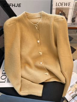 CJFHJE Solid Colors Metal Button Fragrant Style Long Sleeve Sweater Korean Round Neck Bubble Sleeve Cardigan Sweater Coat Winter