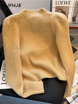 CJFHJE Solid Colors Metal Button Fragrant Style Long Sleeve Sweater Korean Round Neck Bubble Sleeve Cardigan Sweater Coat Winter