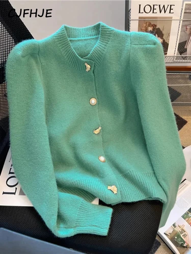 CJFHJE Solid Colors Metal Button Fragrant Style Long Sleeve Sweater Korean Round Neck Bubble Sleeve Cardigan Sweater Coat Winter