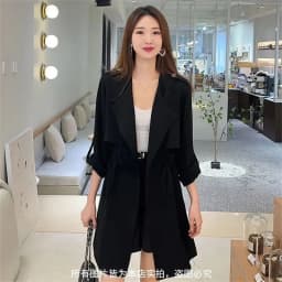 Autumn Windbreaker New Women's Thin Coat Korean Version 2023 Single-Layer Fashion Drawstring Slim Trench Coat Top with 3/4 Sleev
