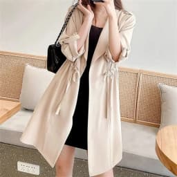 Autumn Windbreaker New Women's Thin Coat Korean Version 2023 Single-Layer Fashion Drawstring Slim Trench Coat Top with 3/4 Sleev