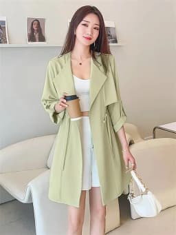 Autumn Windbreaker New Women's Thin Coat Korean Version 2023 Single-Layer Fashion Drawstring Slim Trench Coat Top with 3/4 Sleev