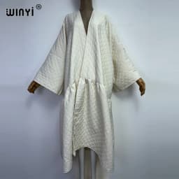WINYI high qualityWinter Women's Long Coat Cotton Padded Jacket Casual Loose Street Style Belt Jacket Oversize dress KIMONO