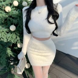 Sexy Women Slim Pullover Crop Top + High Waist Bag Hip Mini Skirt Ladies Solid Sweater Set Sweet Soft Mohair Short Skirt Suits