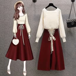 2025 New Korean Women's Graceful Vintage Clothing Lady Square Collar Sweater Red Skirts Outfits French Long Sleeve Knit Pullover