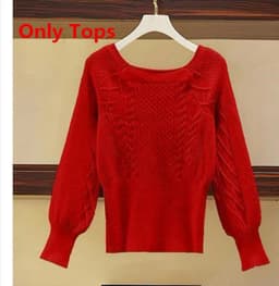 2025 New Korean Women's Graceful Vintage Clothing Lady Square Collar Sweater Red Skirts Outfits French Long Sleeve Knit Pullover