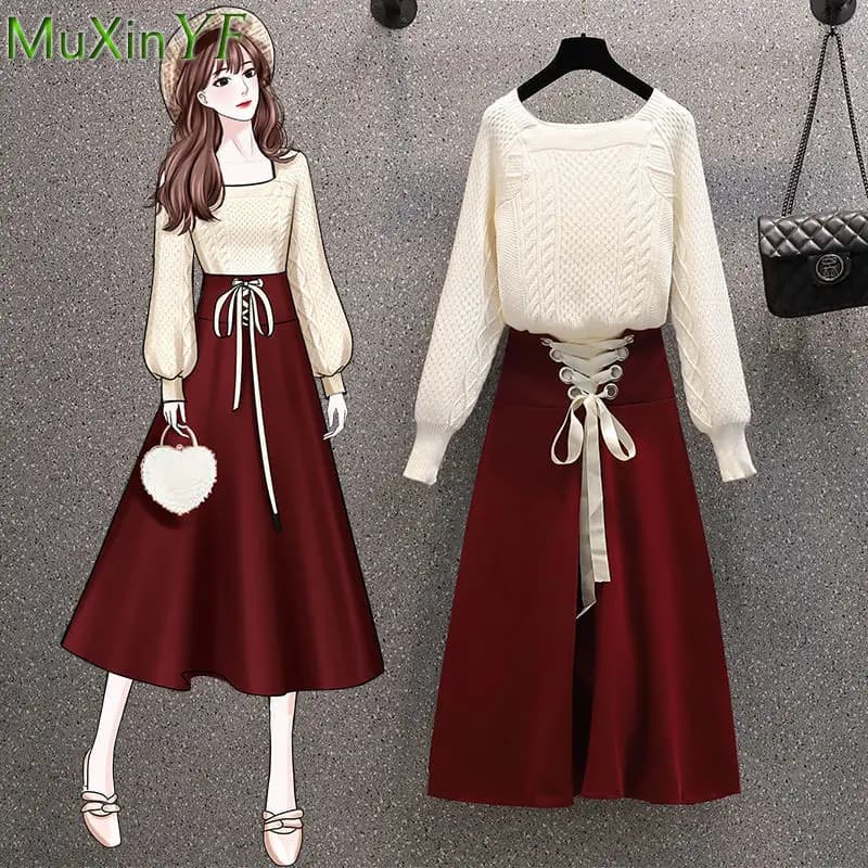 2025 New Korean Women's Graceful Vintage Clothing Lady Square Collar Sweater Red Skirts Outfits French Long Sleeve Knit Pullover